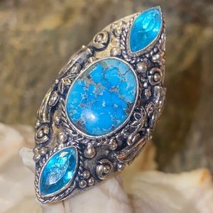 Kingman Turquoise natural gemstone cluster statement vintage ring